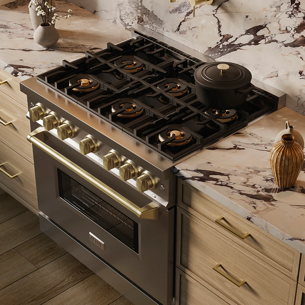 ZLINE Autograph Edition 36 in. 5.2 cu. ft. Classic Dual Fuel Range with 6 Burner DuoPro™ Cooktop and Electric Convection Oven in Stainless Steel and Champagne Bronze Accents (PCDRZ-36-CB) - Image 22
