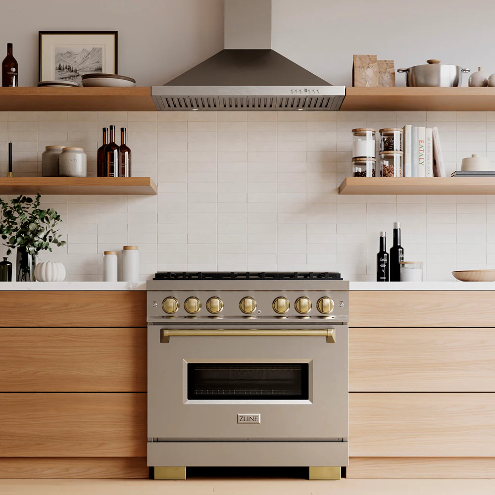ZLINE Autograph Edition 36 in. 5.2 cu. ft. Classic Dual Fuel Range with 6 Burner DuoPro™ Cooktop and Electric Convection Oven in Stainless Steel and Champagne Bronze Accents (PCDRZ-36-CB) - Image 6