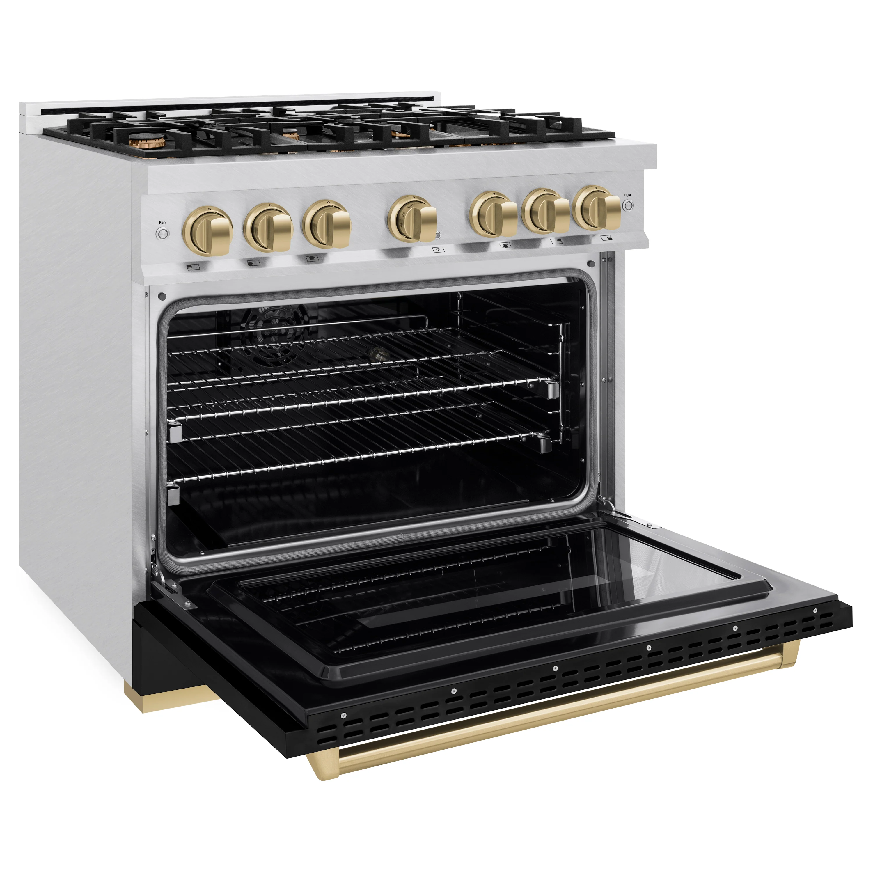 ZLINE Autograph Edition 36 in. 5.2 cu. ft. Classic Dual Fuel Range with 6 Burner Gas Cooktop and Electric Convection Oven in Satin Stainless Steel with Black Matte Door and Champagne Bronze Accents (CDRSZ-BLM-36-CB) - Image 7