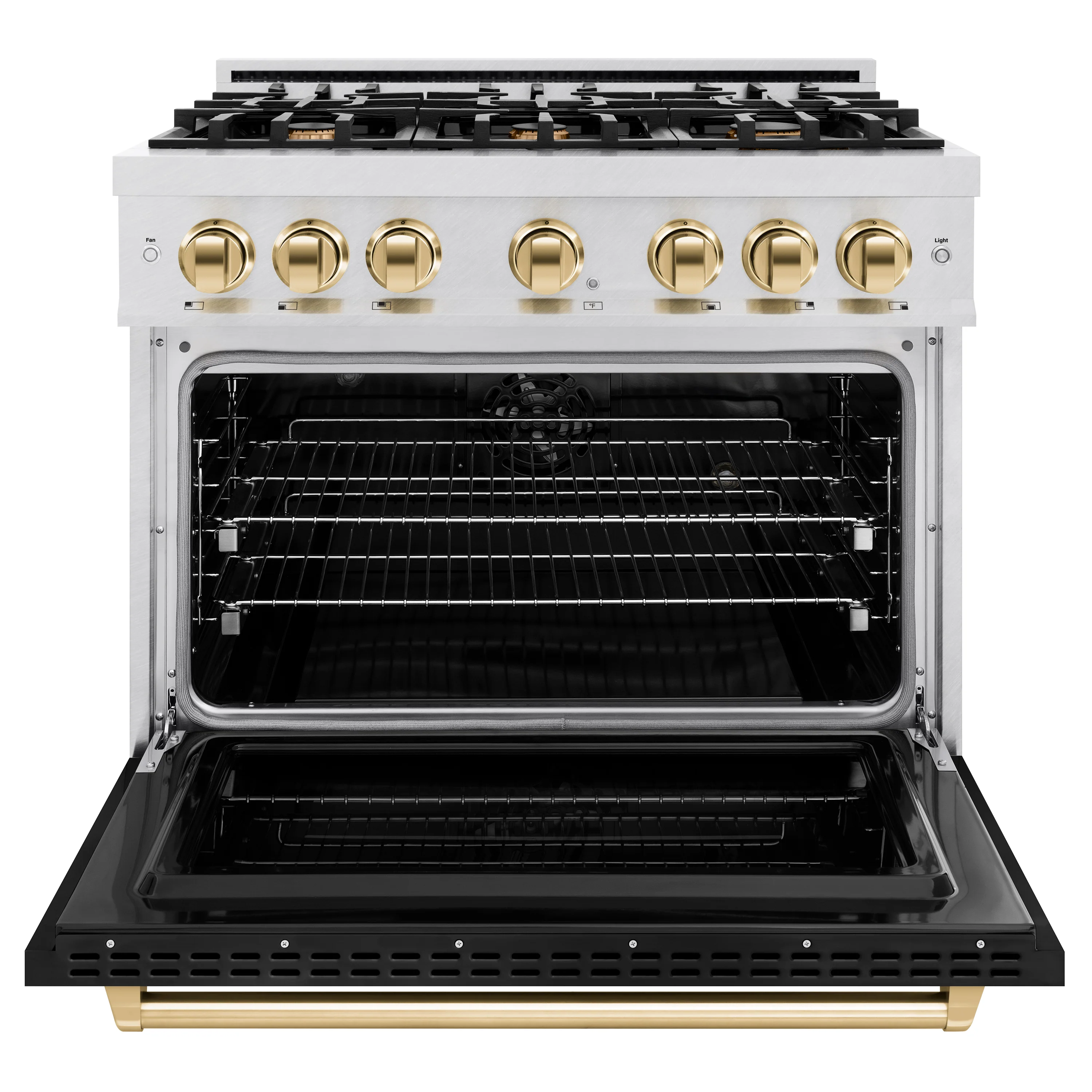ZLINE Autograph Edition 36 in. 5.2 cu. ft. Classic Dual Fuel Range with 6 Burner Gas Cooktop and Electric Convection Oven in Satin Stainless Steel with Polished Gold Accents (CDRSZ-36-G) - Image 4