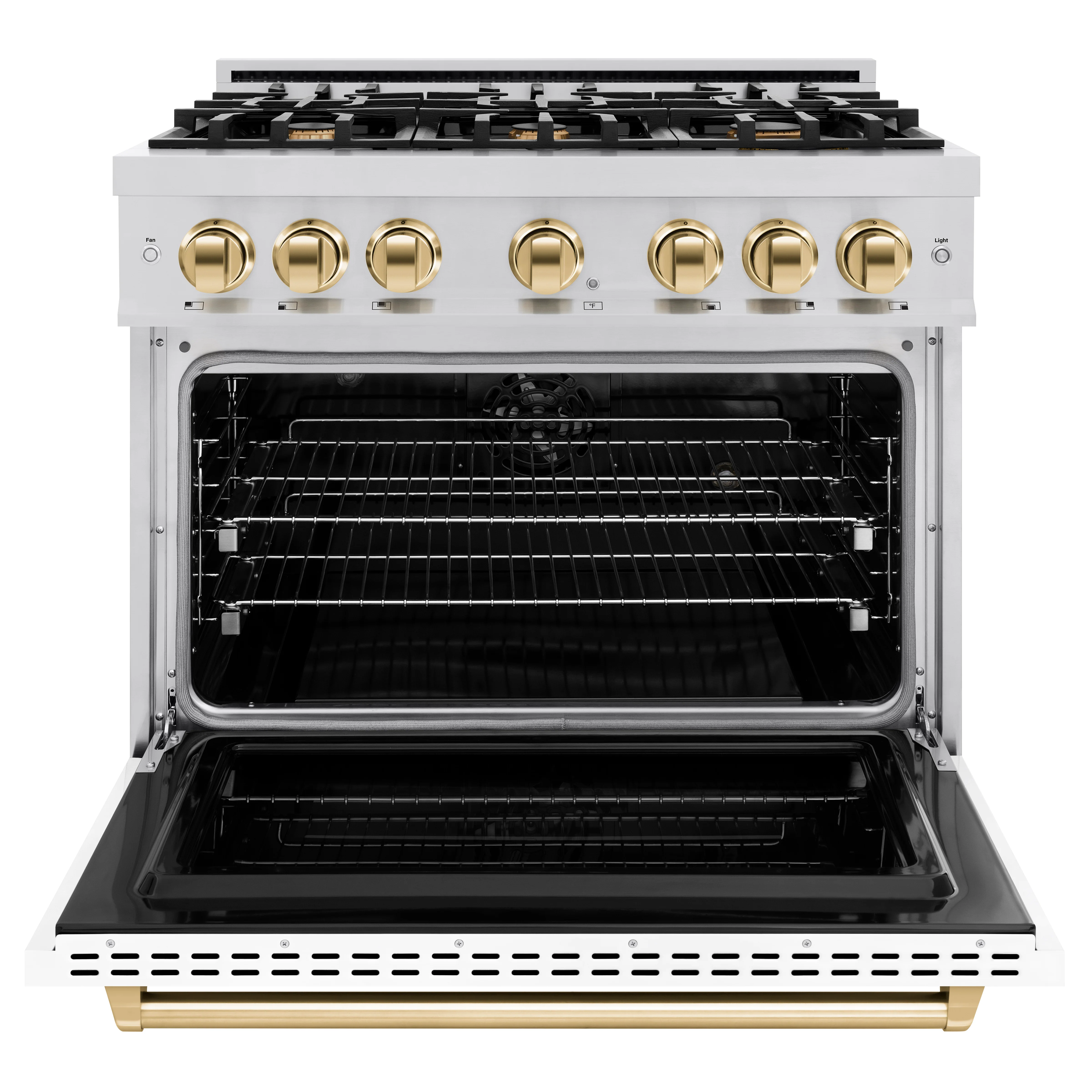 ZLINE Autograph Edition 36 in. 5.2 cu. ft. Classic Dual Fuel Range with 6 Burner Gas Cooktop and Electric Convection Oven in Stainless Steel with White Matte Door and Polished Gold Accents (CDRZ-WM-36-G) - Image 4