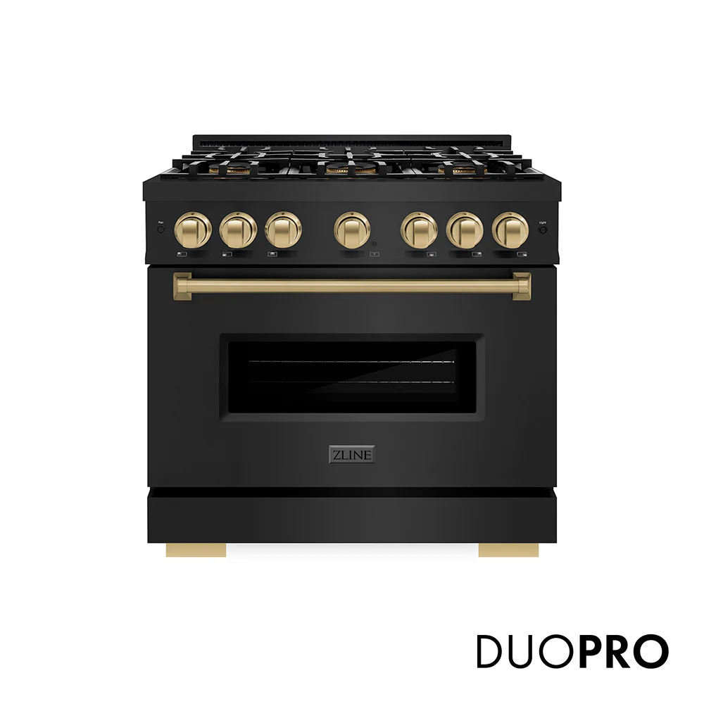 ZLINE Autograph Edition 36 in. 5.2 cu. ft. Classic Gas Range with 6 Burner DuoPro™ Cooktop and Convection Gas Oven in Black Stainless Steel and Champagne Bronze Accents (PCGRBZ-36-CB)
