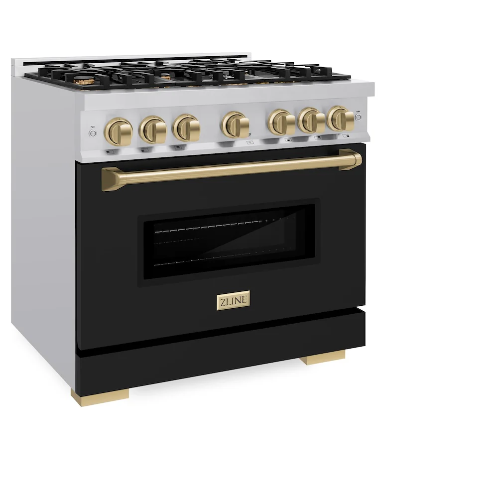 ZLINE Autograph Edition 36 in. 5.2 cu. ft. Classic Gas Range with 6 Burner Cooktop and Convection Gas Oven in Stainless Steel with Black Matte Door and Champagne Bronze Accents (CGRZ-BLM-36-CB) - Image 5