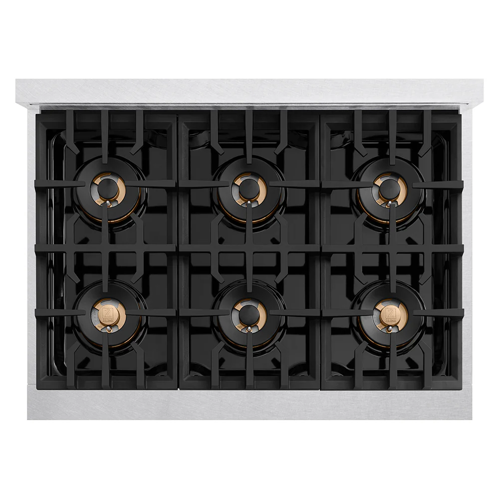ZLINE Autograph Edition 36 in. Classic Gas Rangetop with 6 Burner DuoPro™ Cooktop in Satin Stainless Steel and Champagne Bronze Accents (PCRTSZ-36-CB) - Image 2