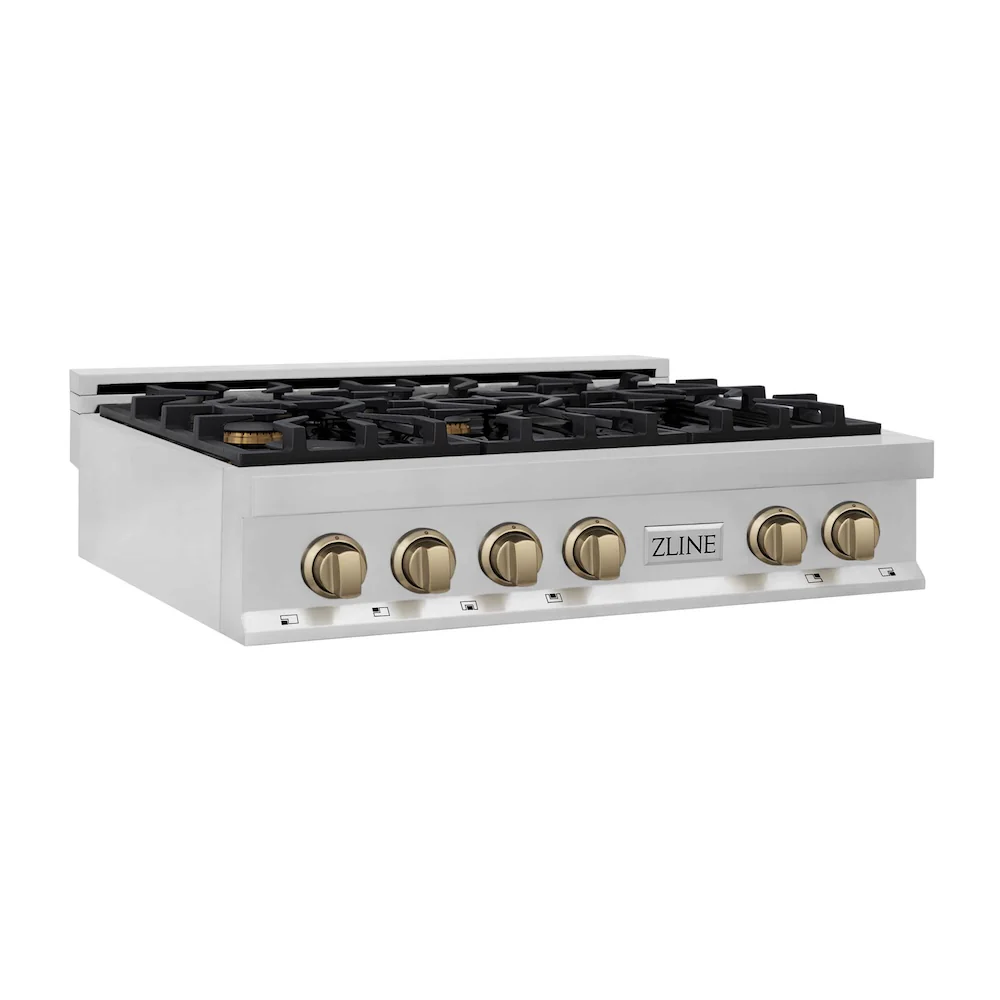 ZLINE Autograph Edition 36 in. Legacy Gas Rangetop with 6 Burners and Porcelain Cooktop in Stainless Steel with Champagne Bronze Accents (RTZ-36-CB) - Image 4