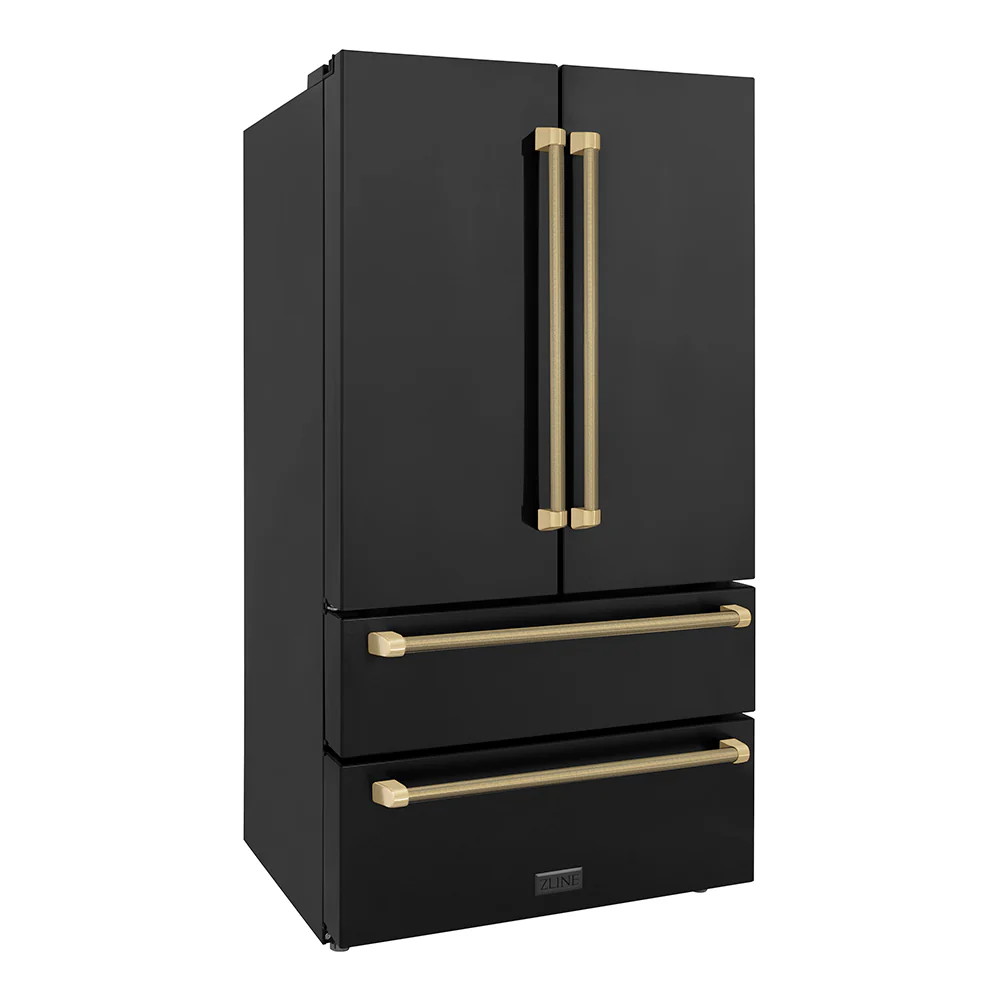 ZLINE Autograph Edition 36 in. 22.5 cu. ft. Counter-Depth French Door Refrigerator with Ice Maker in Fingerprint-Resistant Black Stainless Steel and Champagne Bronze Helix Handles (RFMZ-36-BS-KCB) - Image 3