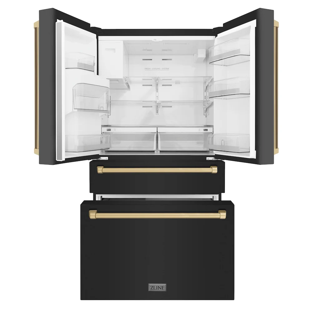 ZLINE Autograph Edition 36 in. 21.6 cu. ft Counter-Depth French Door Refrigerator with Water and Ice Dispenser in Fingerprint-Resistant Black Stainless Steel with Champagne Bronze Traditional Handles (RFMZ-W-36-BS-CB) - Image 4