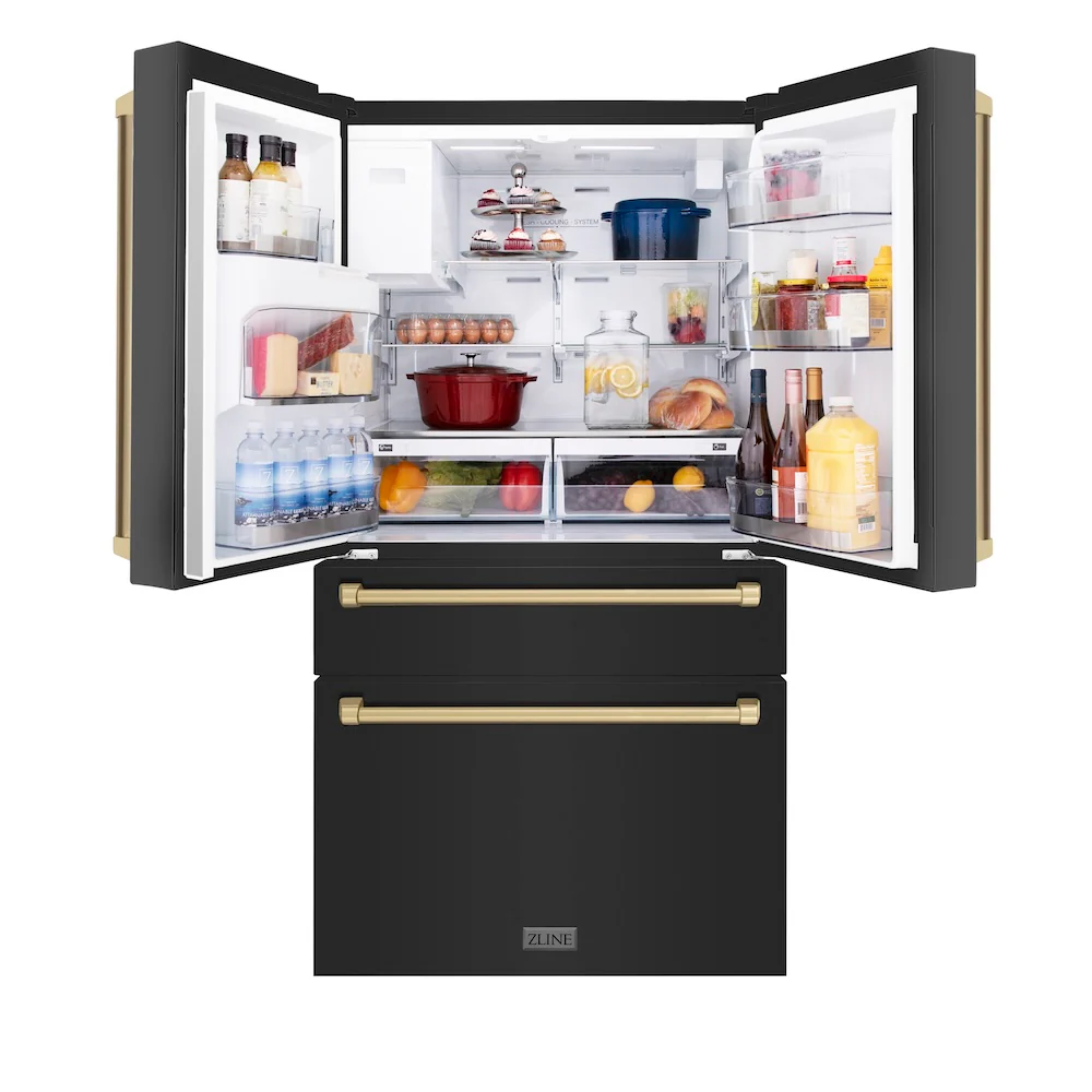 ZLINE Autograph Edition 36 in. 21.6 cu. ft Counter-Depth French Door Refrigerator with Water and Ice Dispenser in Fingerprint-Resistant Black Stainless Steel with Champagne Bronze Traditional Handles (RFMZ-W-36-BS-CB) - Image 5
