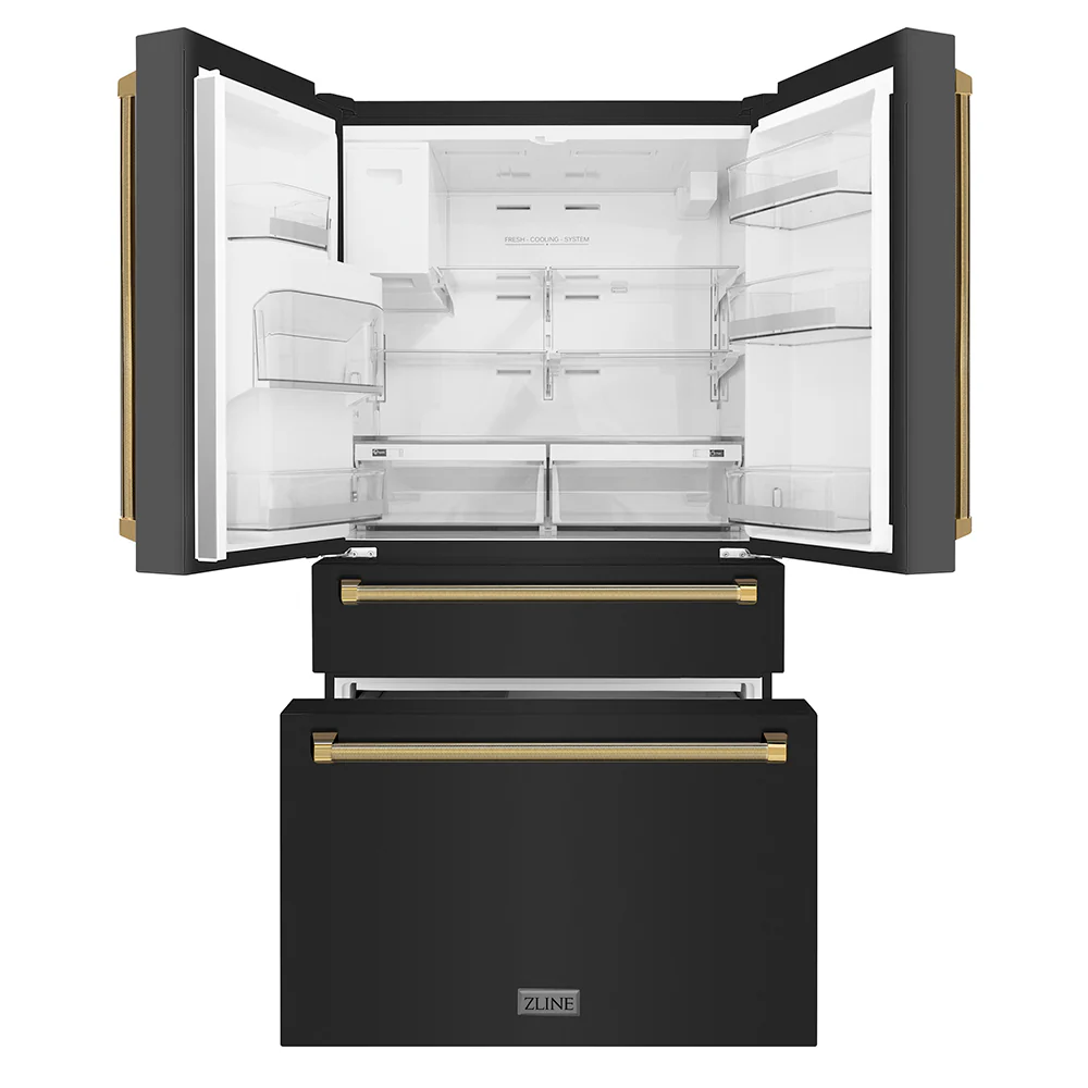 ZLINE Autograph Edition 36 in. 21.6 cu. ft. Counter-Depth French Door Refrigerator with Water and Ice Dispenser in Fingerprint-Resistant Black Stainless Steel with Polished Gold Helix Handles (RFMZ-W-36-BS-KG) - Image 5