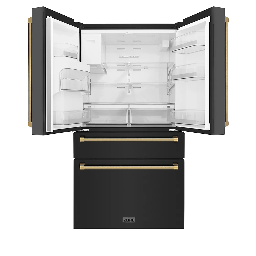 ZLINE Autograph Edition 36 in. 21.6 cu. ft. Counter-Depth French Door Refrigerator with Water and Ice Dispenser in Fingerprint-Resistant Black Stainless Steel with Polished Gold Helix Handles (RFMZ-W-36-BS-KG) - Image 6