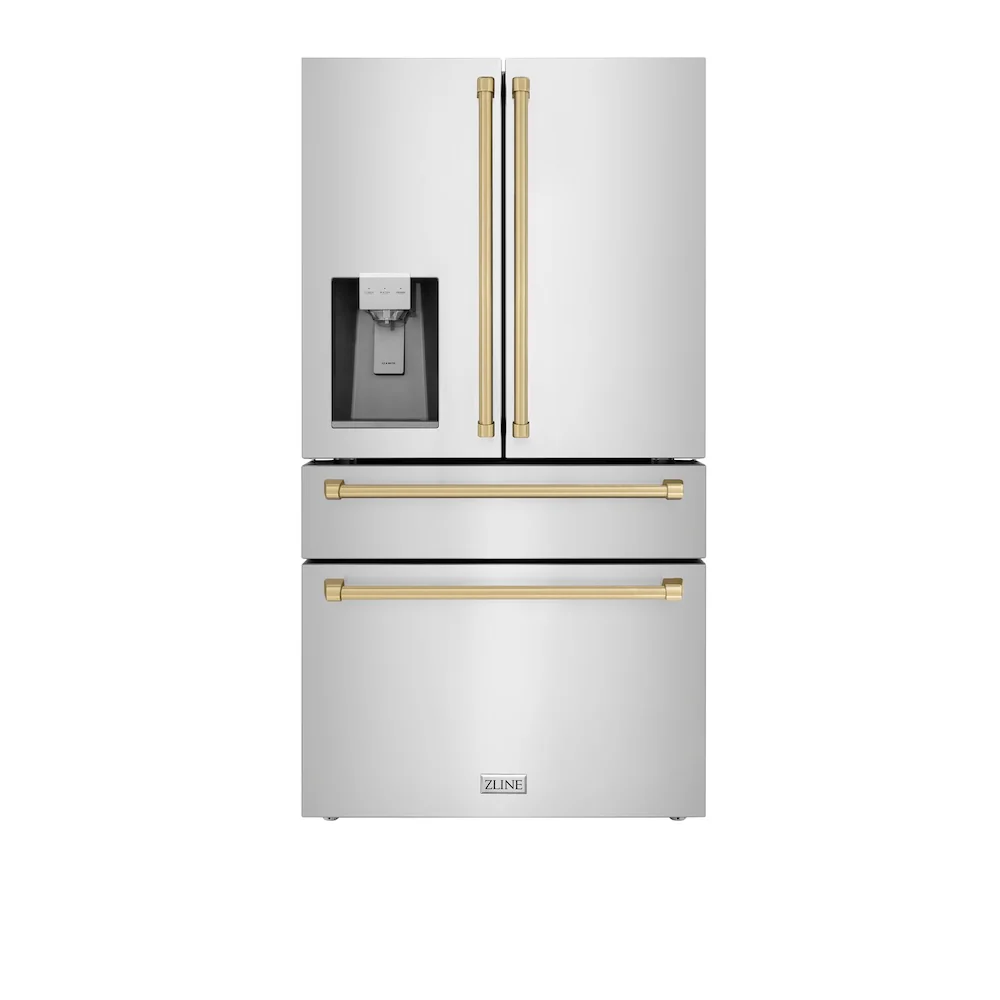 ZLINE Autograph Edition 36 in. 21.6 cu. ft. Counter-Depth French Door Refrigerator with Water and Ice Dispenser in Fingerprint-Resistant Stainless Steel with Champagne Bronze Traditional Handles (RFMZ-W-36-CB) - Image 3