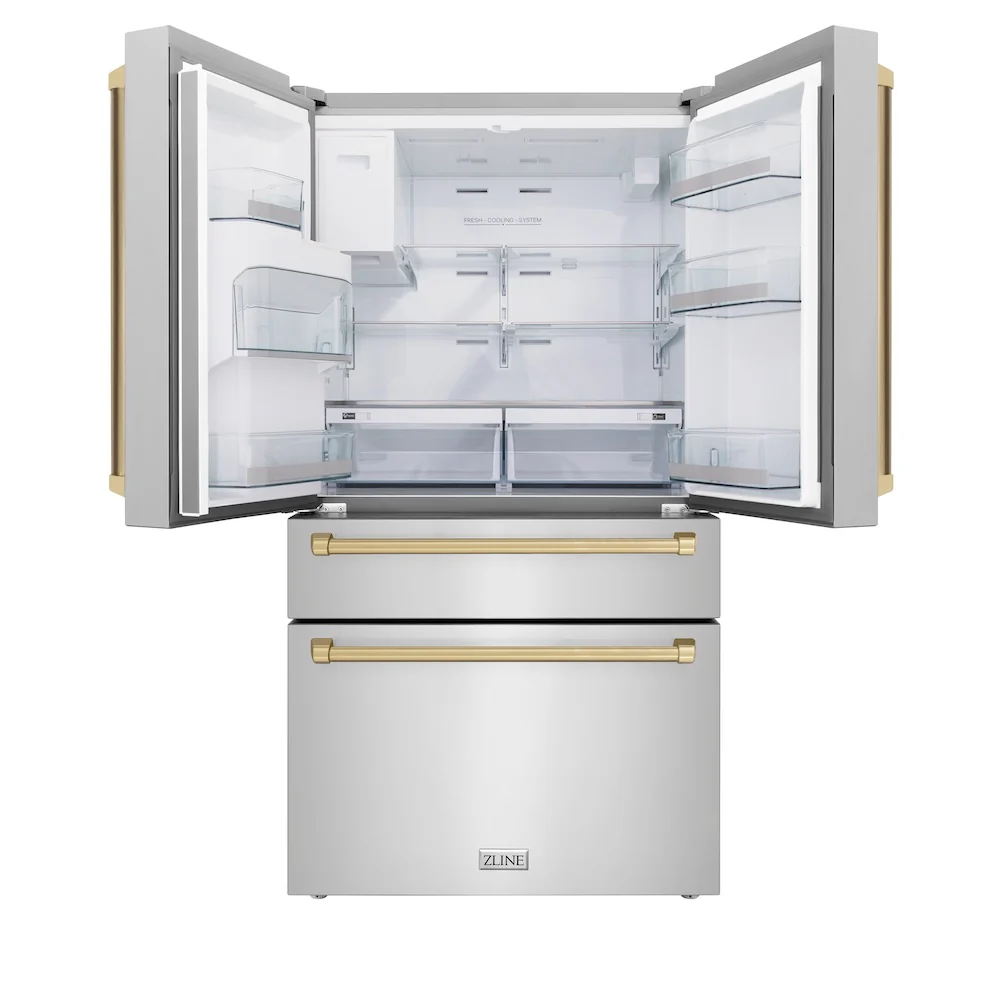 ZLINE Autograph Edition 36 in. 21.6 cu. ft. Counter-Depth French Door Refrigerator with Water and Ice Dispenser in Fingerprint-Resistant Stainless Steel with Champagne Bronze Traditional Handles (RFMZ-W-36-CB) - Image 4