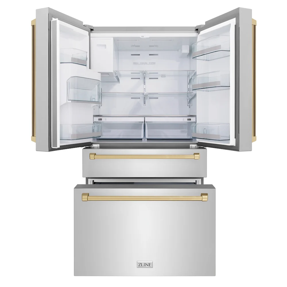 ZLINE Autograph Edition 36 in. 21.6 cu. ft. Counter-Depth French Door Refrigerator with Water and Ice Dispenser in Fingerprint-Resistant Stainless Steel with Champagne Bronze Traditional Handles (RFMZ-W-36-CB) - Image 5