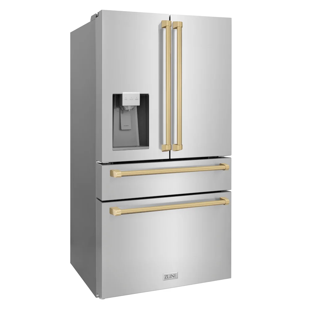 ZLINE Autograph Edition 36 in. 21.6 cu. ft. Counter-Depth French Door Refrigerator with Water and Ice Dispenser in Fingerprint-Resistant Stainless Steel with Champagne Bronze Traditional Handles (RFMZ-W-36-CB) - Image 7