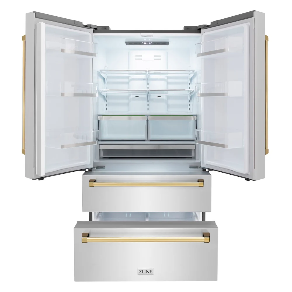 ZLINE Autograph Edition 36 in. 22.5 cu. ft. Counter-Depth French Door Refrigerator with Ice Maker in Fingerprint-Resistant Stainless Steel with Polished Gold Traditional Handles (RFMZ-36-G) - Image 3