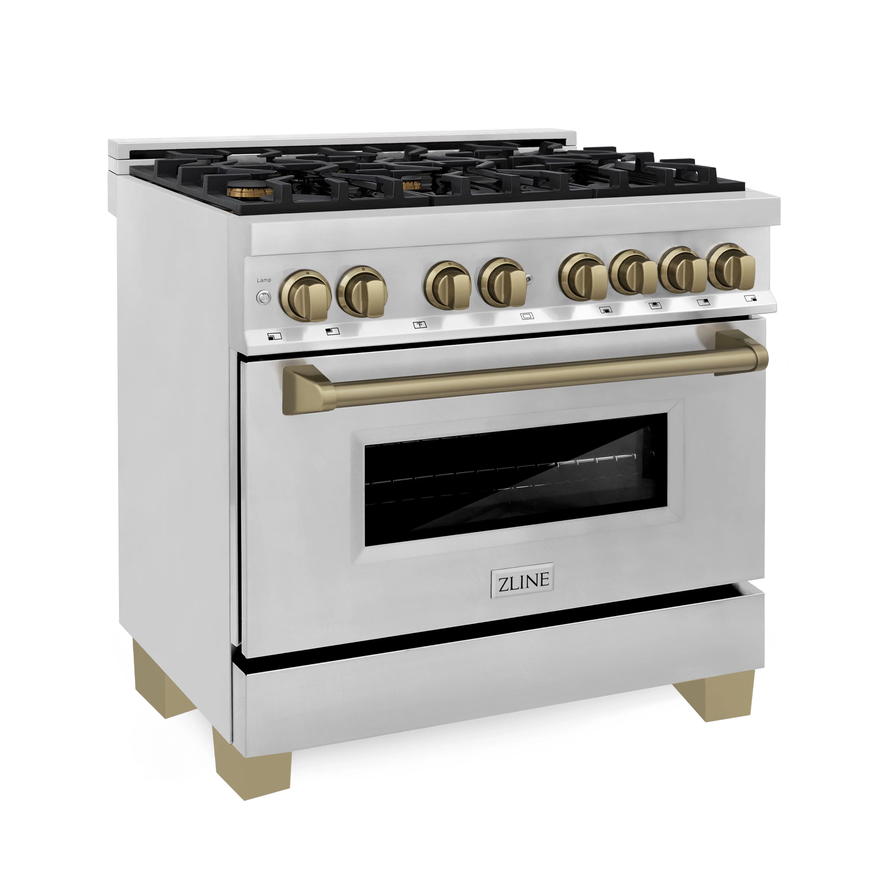 ZLINE Autograph Edition 36 in. 4.6 cu. ft. Legacy Dual Fuel Range with 6 Burner Gas Cooktop and Electric Convection Oven in Stainless Steel and Champagne Bronze Accents, Open Box-Great Condition