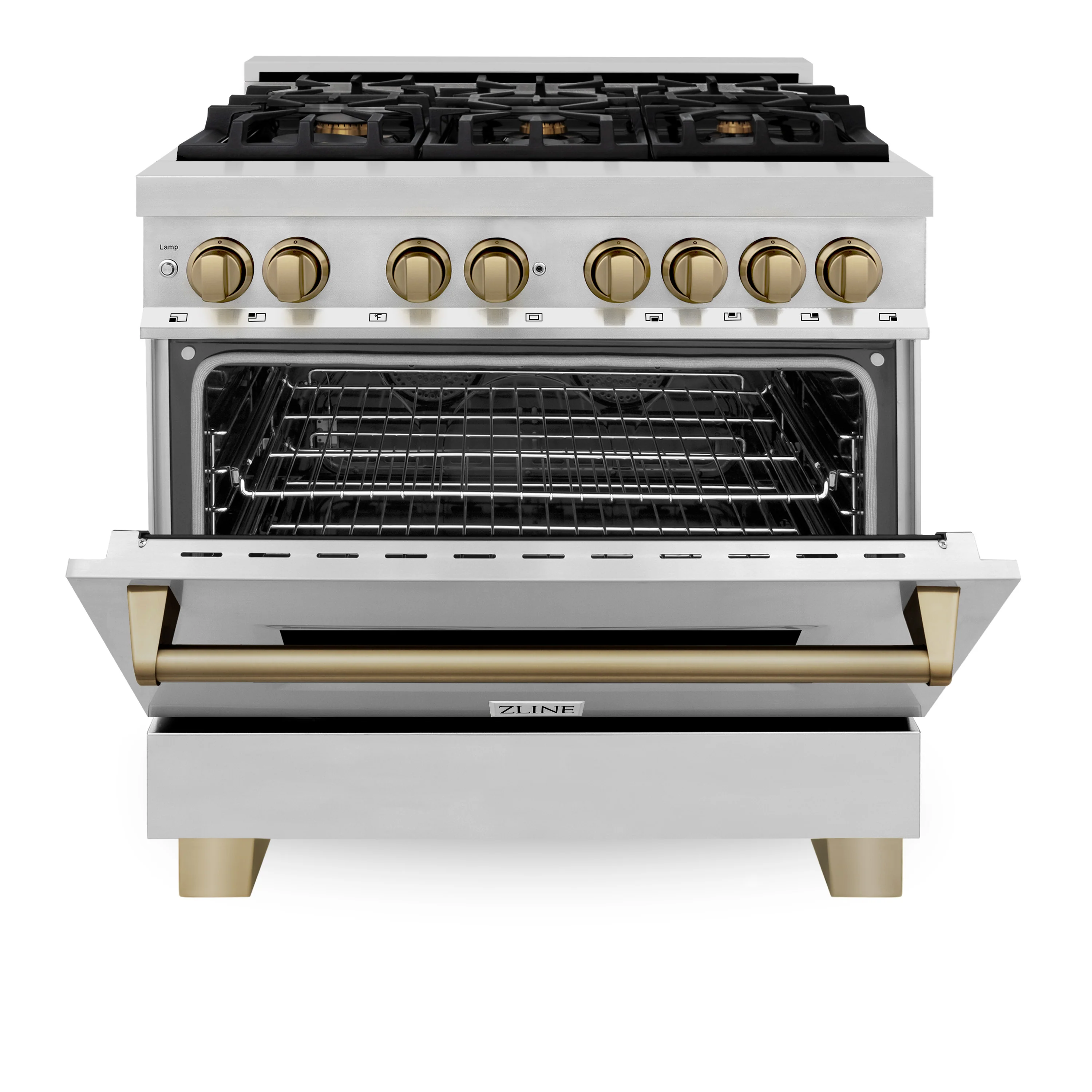 ZLINE Autograph Edition 36 in. 4.6 cu. ft. Legacy Dual Fuel Range with 6 Burner Gas Cooktop and Electric Convection Oven in Stainless Steel and Champagne Bronze Accents, Open Box-Great Condition - Image 4
