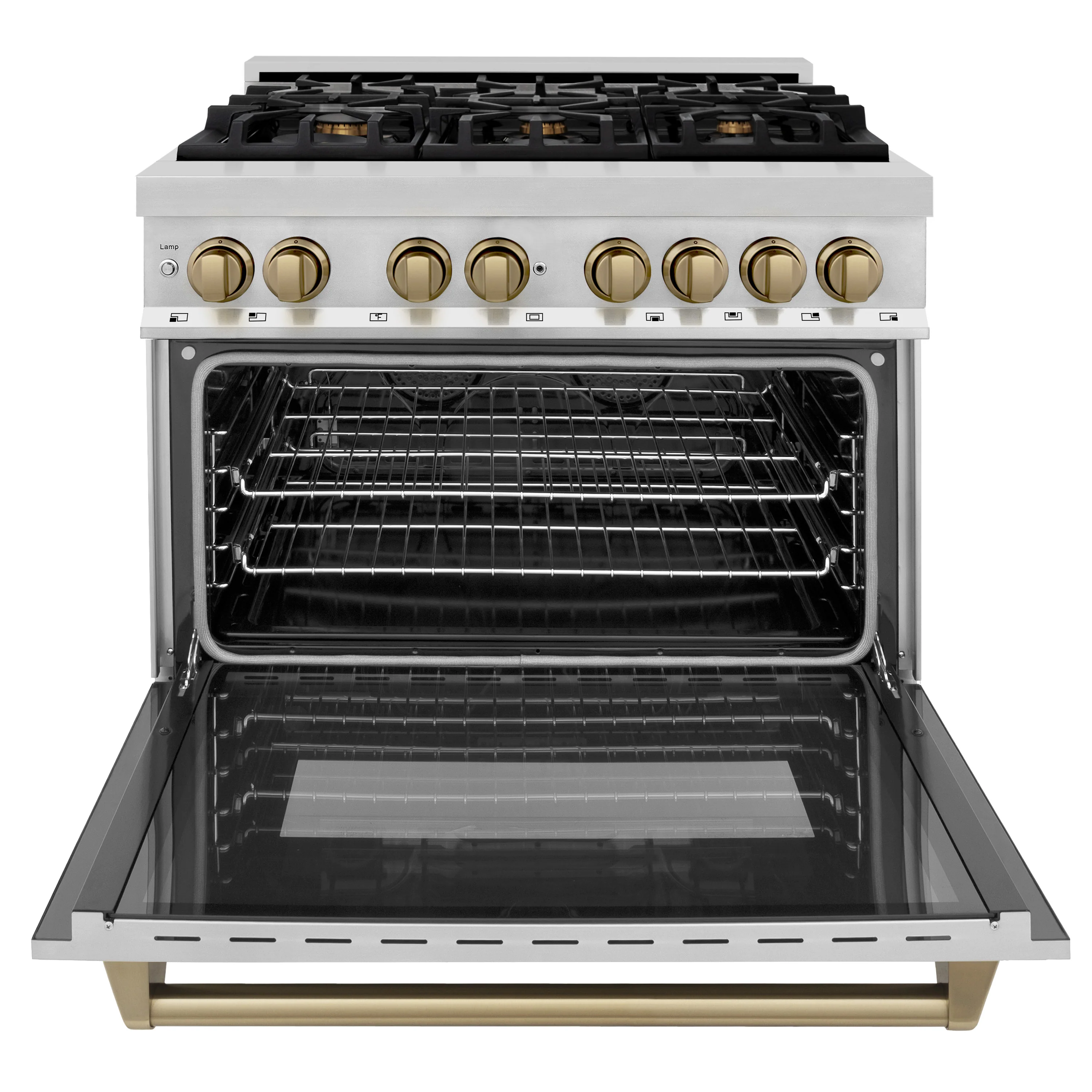 ZLINE Autograph Edition 36 in. 4.6 cu. ft. Legacy Dual Fuel Range with 6 Burner Gas Cooktop and Electric Convection Oven in Stainless Steel and Champagne Bronze Accents, Open Box-Great Condition - Image 5
