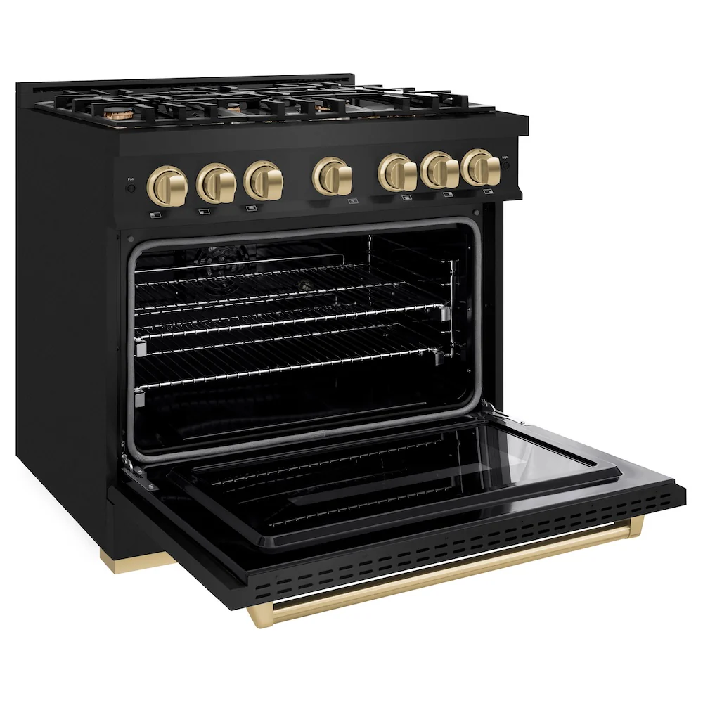 ZLINE Autograph Edition 36 in. 5.2 cu. ft. Classic Dual Fuel Range with 6 Burner Gas Cooktop and Electric Convection Oven in Black Stainless Steel with Champagne Bronze Accents, Open Box-Great Condition - Image 5
