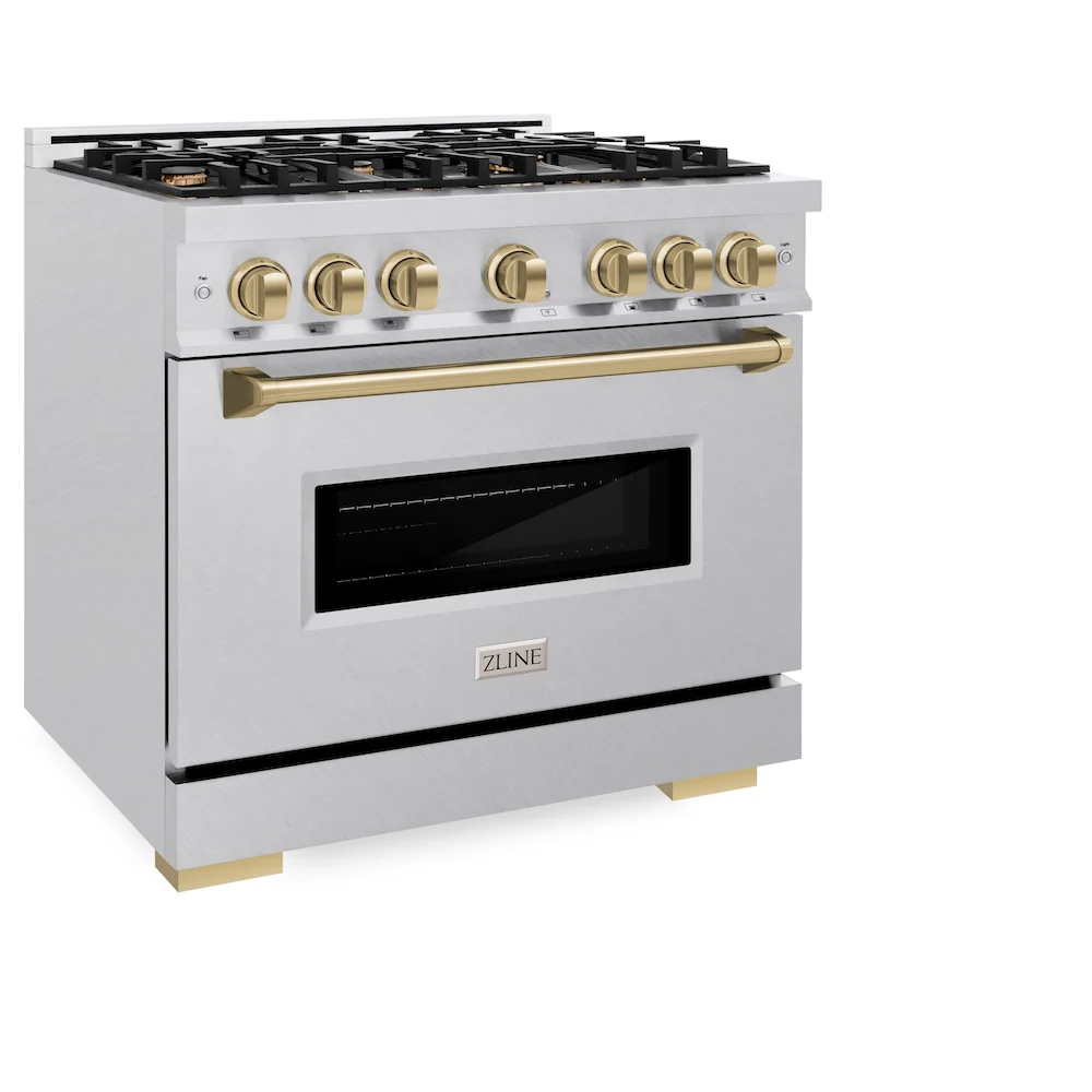 ZLINE Autograph Edition 36 in. 5.2 cu. ft. Classic Dual Fuel Range with 6 Burner Gas Cooktop and Electric Convection Oven in Satin Stainless Steel with Champagne Bronze Accents, Open Box-Great Condition - Image 6