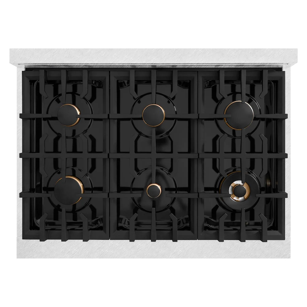 ZLINE Autograph Edition 36 in. 5.2 cu. ft. Classic Dual Fuel Range with 6 Burner Gas Cooktop and Electric Convection Oven in Satin Stainless Steel with White Matte Door and Champagne Bronze Accents, Open Box-Great Condition - Image 2