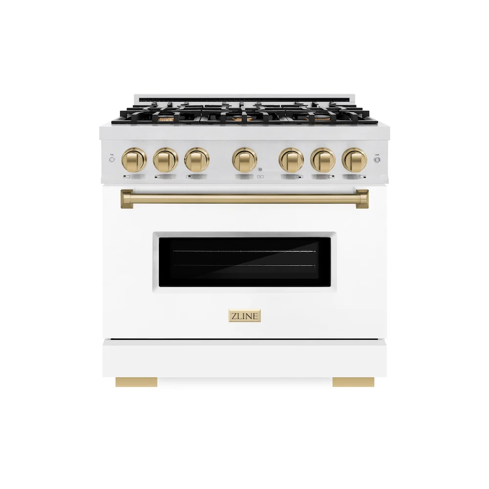 ZLINE Autograph Edition 36 in. 5.2 cu. ft. Classic Dual Fuel Range with 6 Burner Gas Cooktop and Electric Convection Oven in Satin Stainless Steel with White Matte Door and Champagne Bronze Accents, Open Box-Great Condition - Image 3