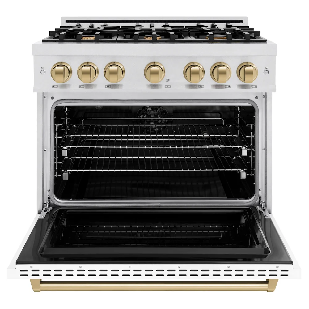 ZLINE Autograph Edition 36 in. 5.2 cu. ft. Classic Dual Fuel Range with 6 Burner Gas Cooktop and Electric Convection Oven in Satin Stainless Steel with White Matte Door and Champagne Bronze Accents, Open Box-Great Condition - Image 5