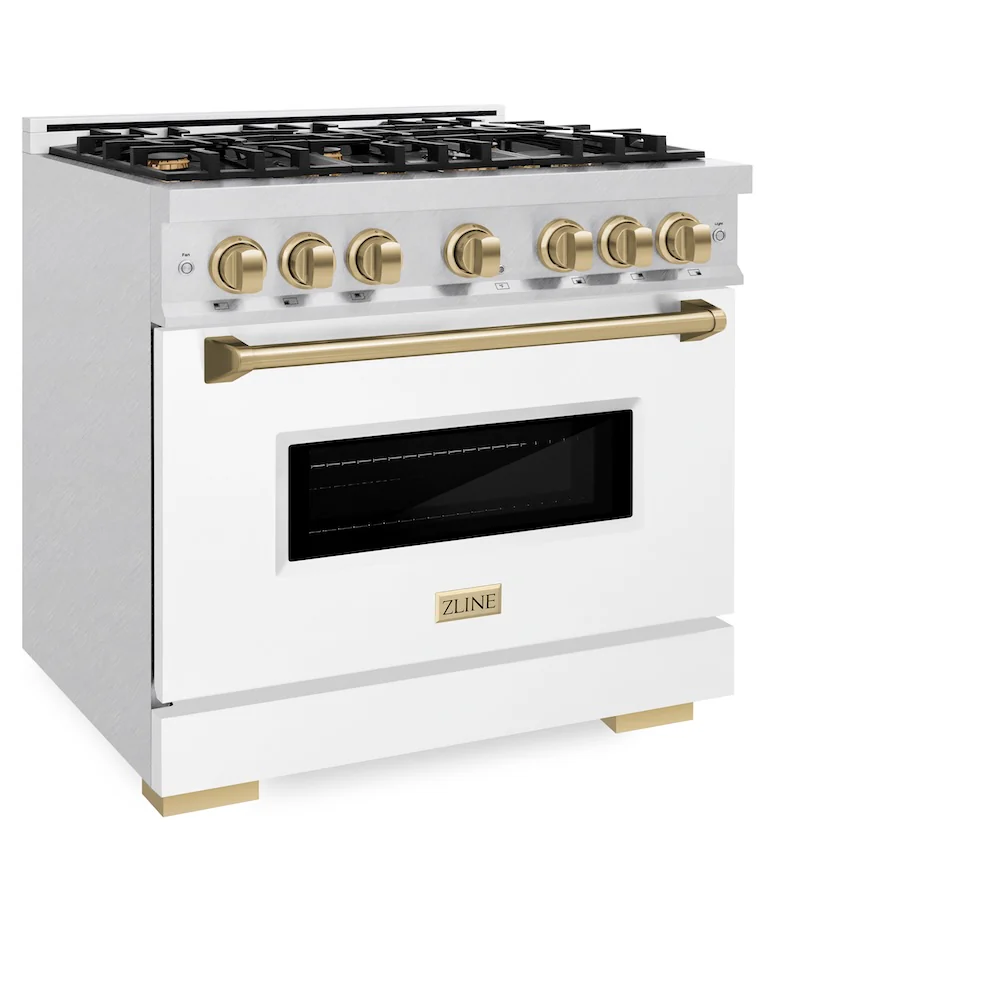 ZLINE Autograph Edition 36 in. 5.2 cu. ft. Classic Dual Fuel Range with 6 Burner Gas Cooktop and Electric Convection Oven in Satin Stainless Steel with White Matte Door and Champagne Bronze Accents, Open Box-Great Condition - Image 6