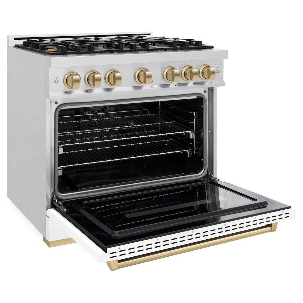 ZLINE Autograph Edition 36 in. 5.2 cu. ft. Classic Dual Fuel Range with 6 Burner Gas Cooktop and Electric Convection Oven in Satin Stainless Steel with White Matte Door and Champagne Bronze Accents, Open Box-Great Condition - Image 7