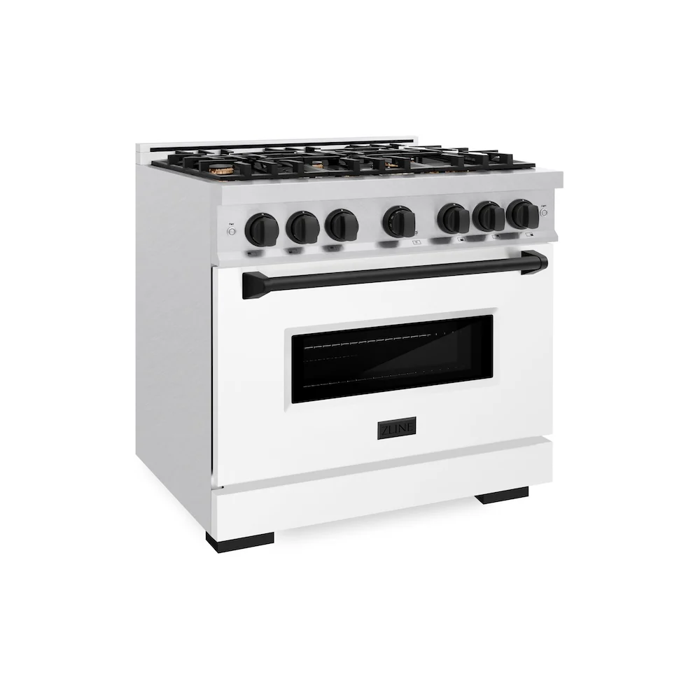 ZLINE Autograph Edition 36 in. 5.2 cu. ft. Classic Dual Fuel Range with 6 Burner Gas Cooktop and Electric Convection Oven in Satin Stainless Steel with White Matte Door and Matte Black Accents, Open Box-Great Condition