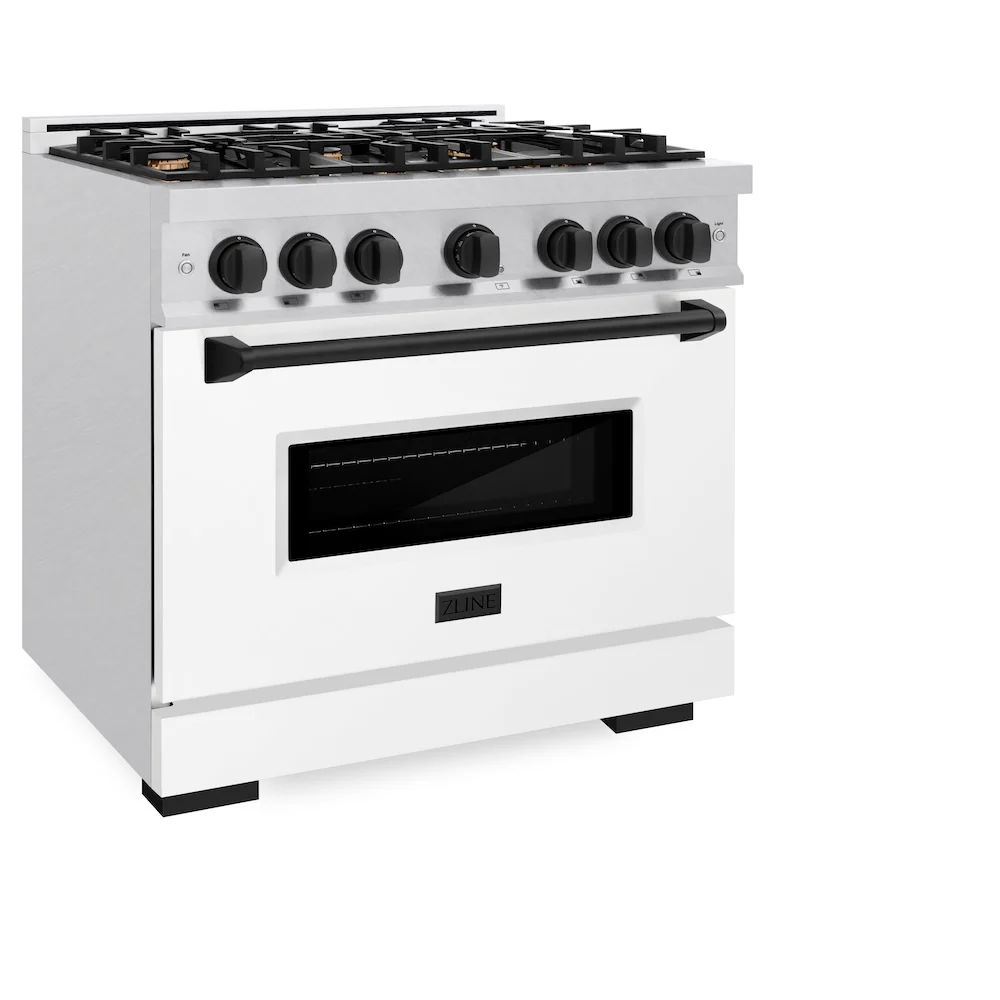 ZLINE Autograph Edition 36 in. 5.2 cu. ft. Classic Dual Fuel Range with 6 Burner Gas Cooktop and Electric Convection Oven in Satin Stainless Steel with White Matte Door and Matte Black Accents, Open Box-Great Condition - Image 6