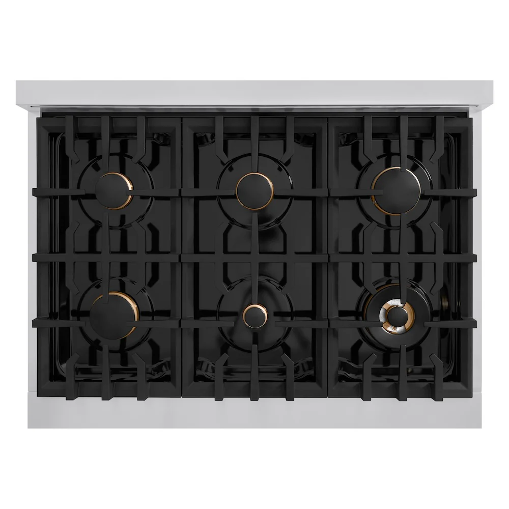 ZLINE Autograph Edition 36 in. 5.2 cu. ft. Classic Dual Fuel Range with 6 Burner Gas Cooktop and Electric Convection Oven in Stainless Steel with Black Matte Door and Champagne Bronze Accents, Open Box-Great Condition - Image 2