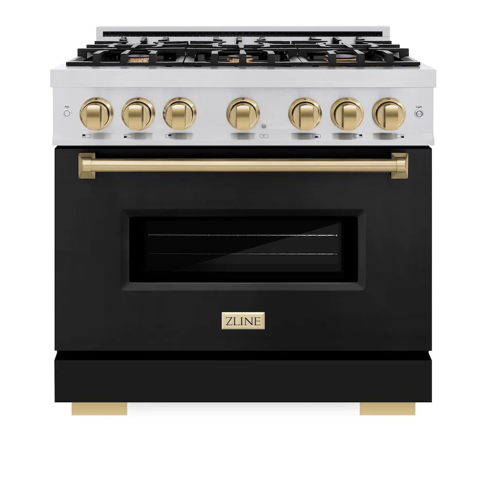 ZLINE Autograph Edition 36 in. 5.2 cu. ft. Classic Dual Fuel Range with 6 Burner Gas Cooktop and Electric Convection Oven in Stainless Steel with Black Matte Door and Champagne Bronze Accents, Open Box-Great Condition - Image 3