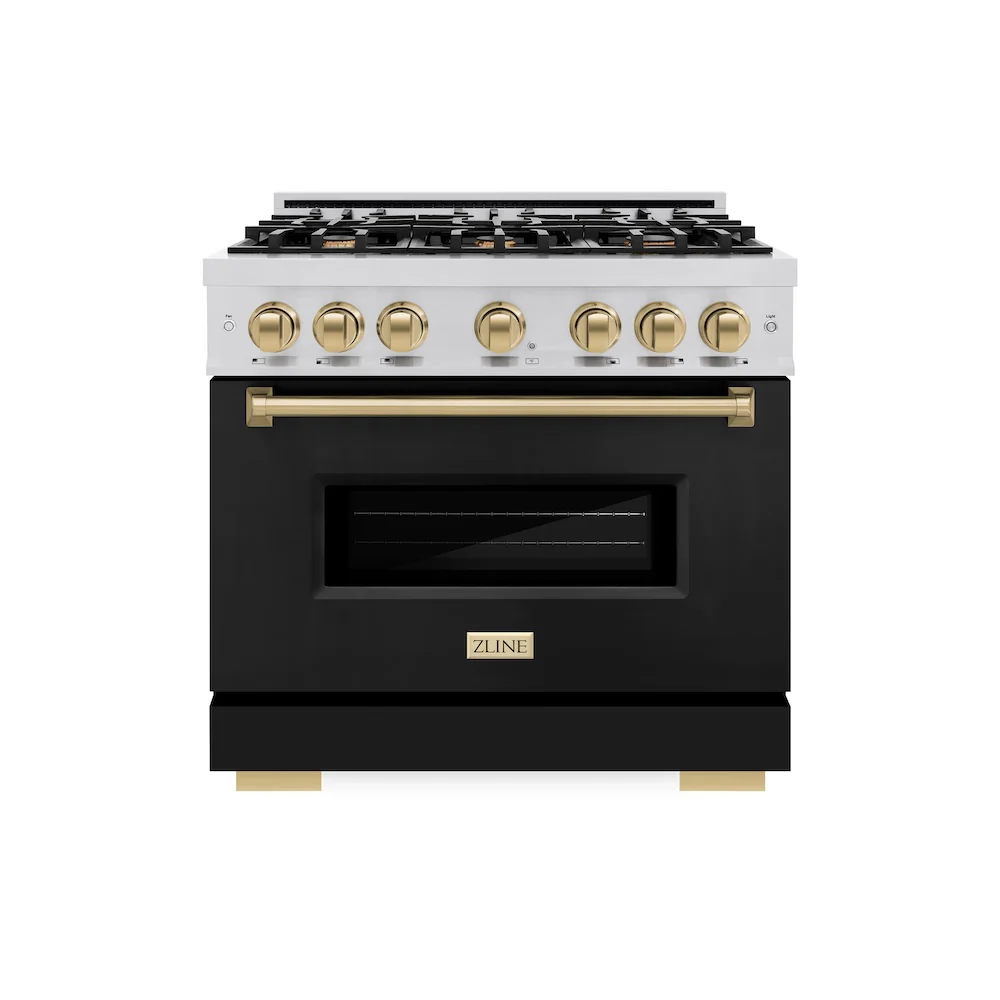 ZLINE Autograph Edition 36 in. 5.2 cu. ft. Classic Dual Fuel Range with 6 Burner Gas Cooktop and Electric Convection Oven in Stainless Steel with Black Matte Door and Champagne Bronze Accents, Open Box-Great Condition - Image 4