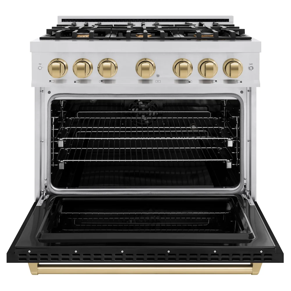 ZLINE Autograph Edition 36 in. 5.2 cu. ft. Classic Dual Fuel Range with 6 Burner Gas Cooktop and Electric Convection Oven in Stainless Steel with Black Matte Door and Champagne Bronze Accents, Open Box-Great Condition - Image 5