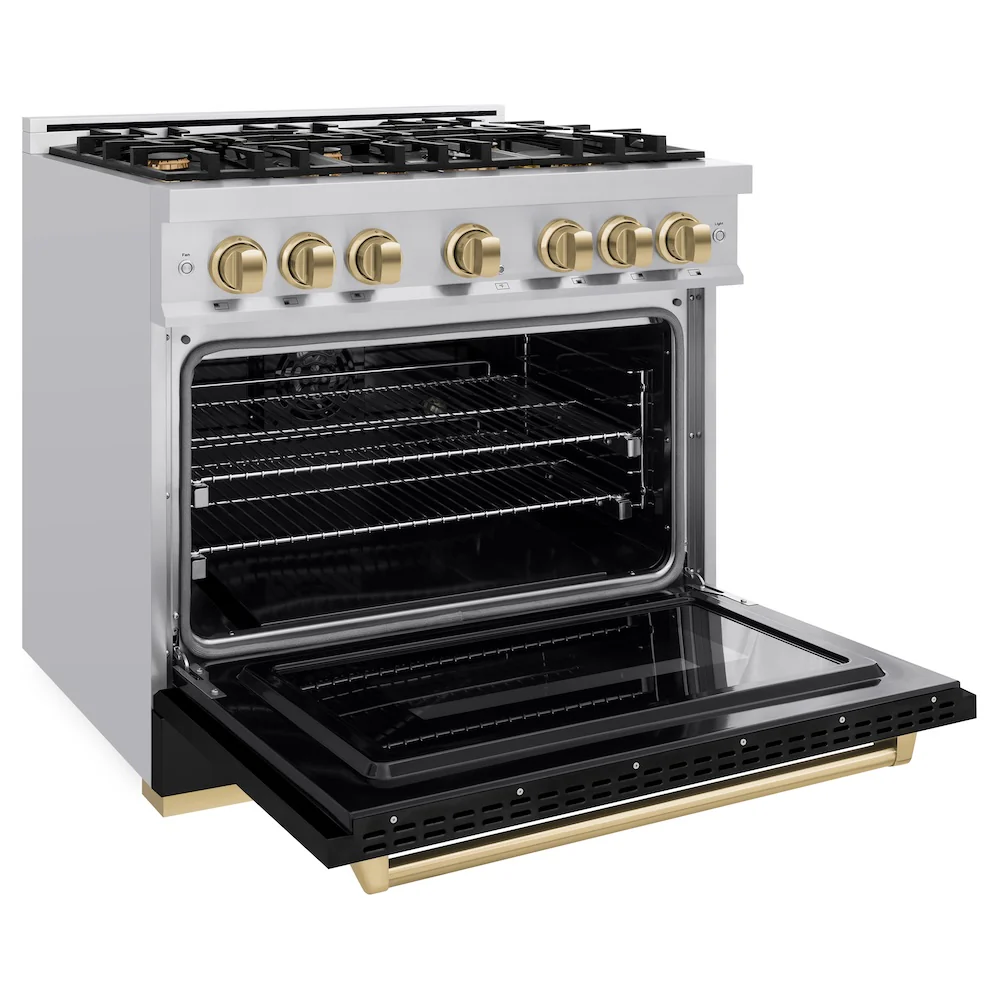 ZLINE Autograph Edition 36 in. 5.2 cu. ft. Classic Dual Fuel Range with 6 Burner Gas Cooktop and Electric Convection Oven in Stainless Steel with Black Matte Door and Champagne Bronze Accents, Open Box-Great Condition - Image 7