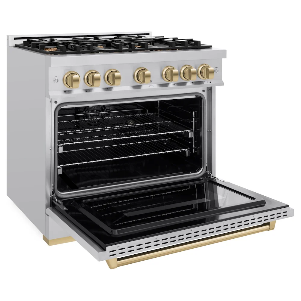 ZLINE Autograph Edition 36 in. 5.2 cu. ft. Classic Dual Fuel Range with 6 Burner Gas Cooktop and Electric Convection Oven in Stainless Steel with Champagne Bronze Accents, Open Box-Great Condition - Image 7