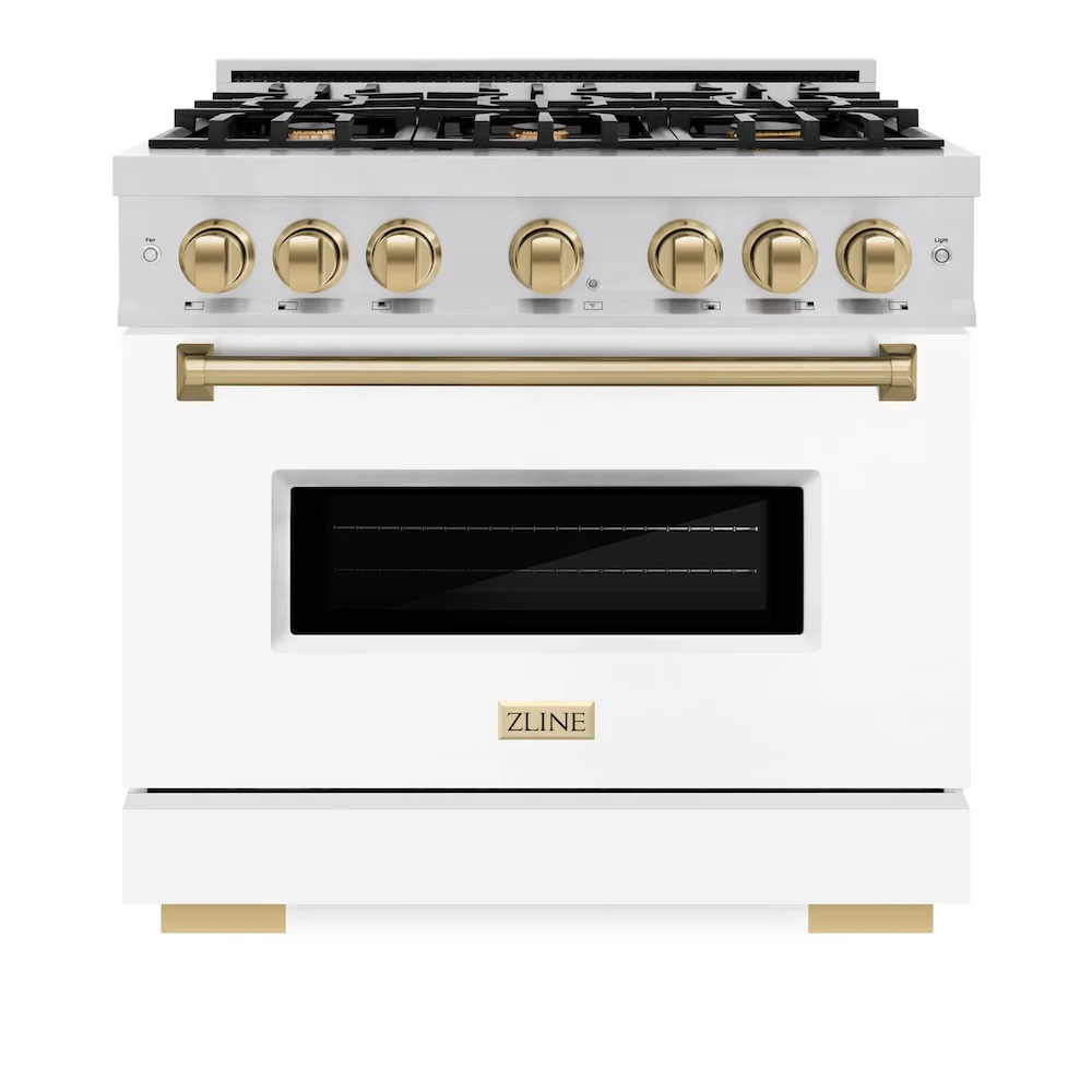 ZLINE Autograph Edition 36 in. 5.2 cu. ft. Classic Dual Fuel Range with 6 Burner Gas Cooktop and Electric Convection Oven in Stainless Steel with White Matte Door and Champagne Bronze Accents, Open Box-Great Condition - Image 4