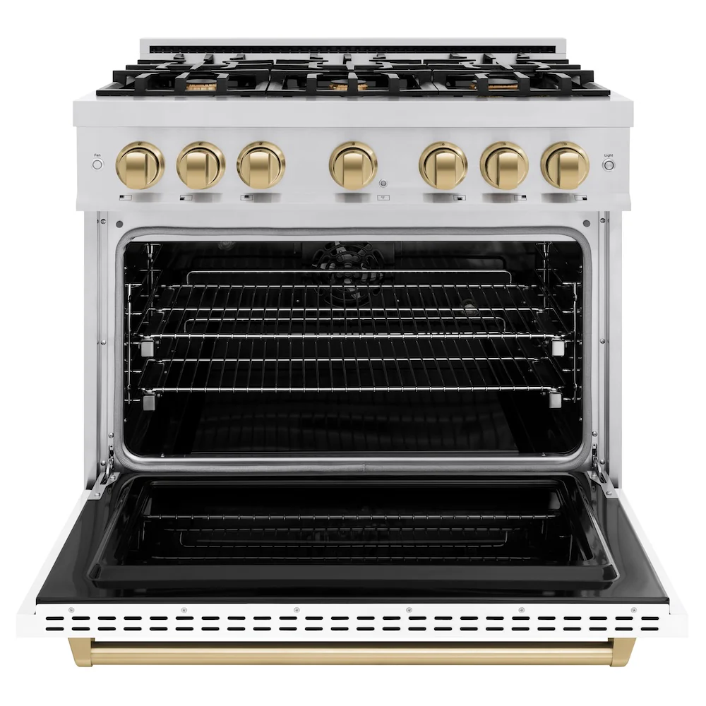 ZLINE Autograph Edition 36 in. 5.2 cu. ft. Classic Dual Fuel Range with 6 Burner Gas Cooktop and Electric Convection Oven in Stainless Steel with White Matte Door and Champagne Bronze Accents, Open Box-Great Condition - Image 5