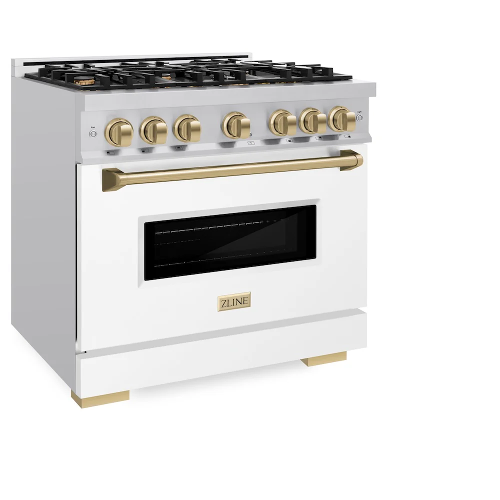 ZLINE Autograph Edition 36 in. 5.2 cu. ft. Classic Dual Fuel Range with 6 Burner Gas Cooktop and Electric Convection Oven in Stainless Steel with White Matte Door and Champagne Bronze Accents, Open Box-Great Condition - Image 6