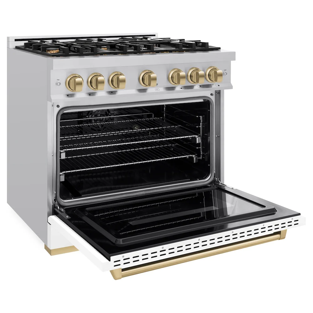 ZLINE Autograph Edition 36 in. 5.2 cu. ft. Classic Dual Fuel Range with 6 Burner Gas Cooktop and Electric Convection Oven in Stainless Steel with White Matte Door and Champagne Bronze Accents, Open Box-Great Condition - Image 7
