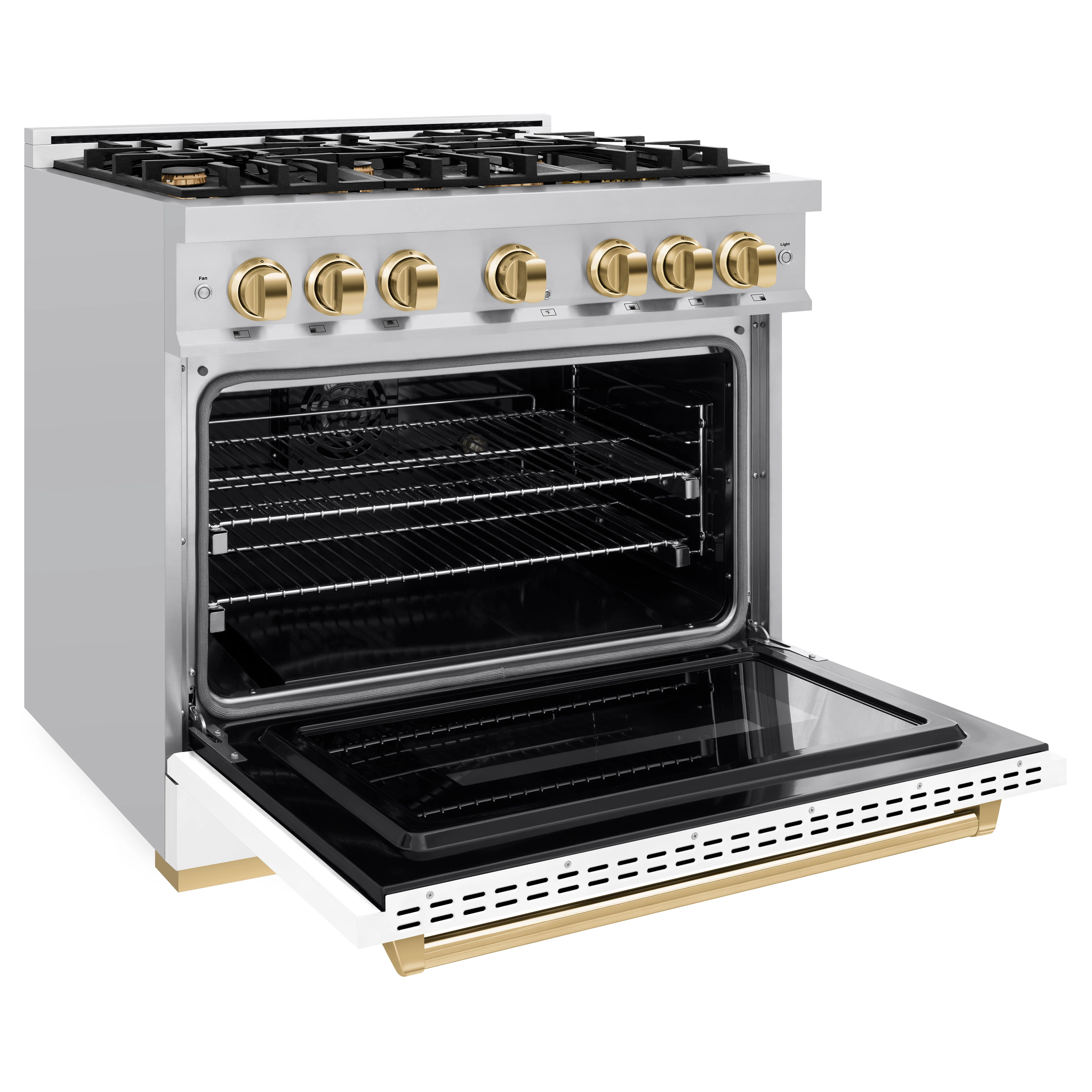 ZLINE Autograph Edition 36 in. 5.2 cu. ft. Classic Dual Fuel Range with 6 Burner Gas Cooktop and Electric Convection Oven in Stainless Steel with White Matte Door and Polished Gold Accents, Open Box-Great Condition - Image 7