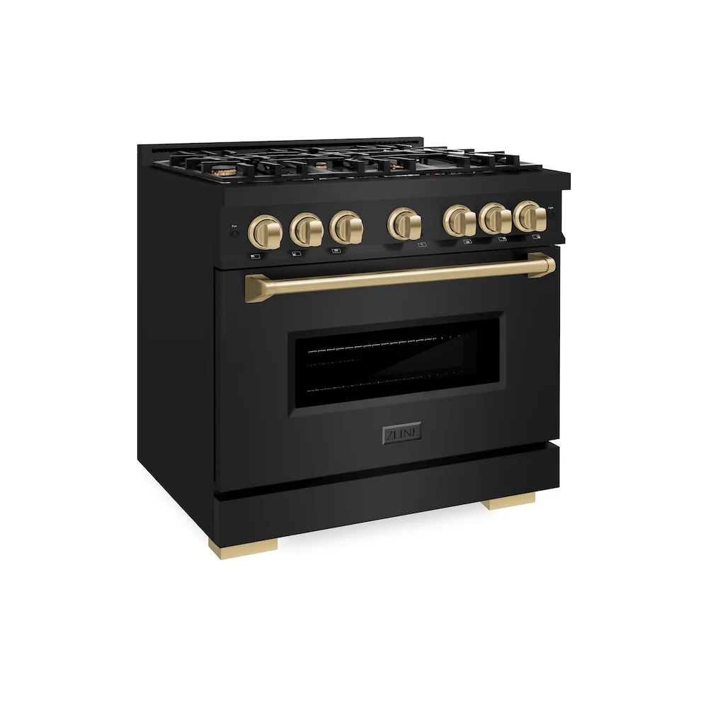 ZLINE Autograph Edition 36 in. 5.2 cu. ft. Classic Gas Range with 6 Burner Cooktop and Convection Gas Oven in Black Stainless Steel and Champagne Bronze Accents, Open Box-Great Condition