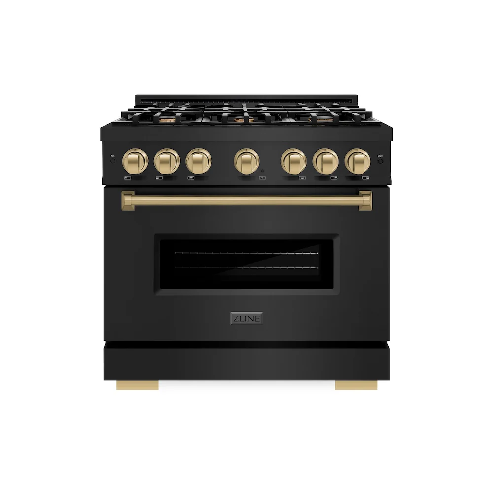 ZLINE Autograph Edition 36 in. 5.2 cu. ft. Classic Gas Range with 6 Burner Cooktop and Convection Gas Oven in Black Stainless Steel and Champagne Bronze Accents, Open Box-Great Condition - Image 3