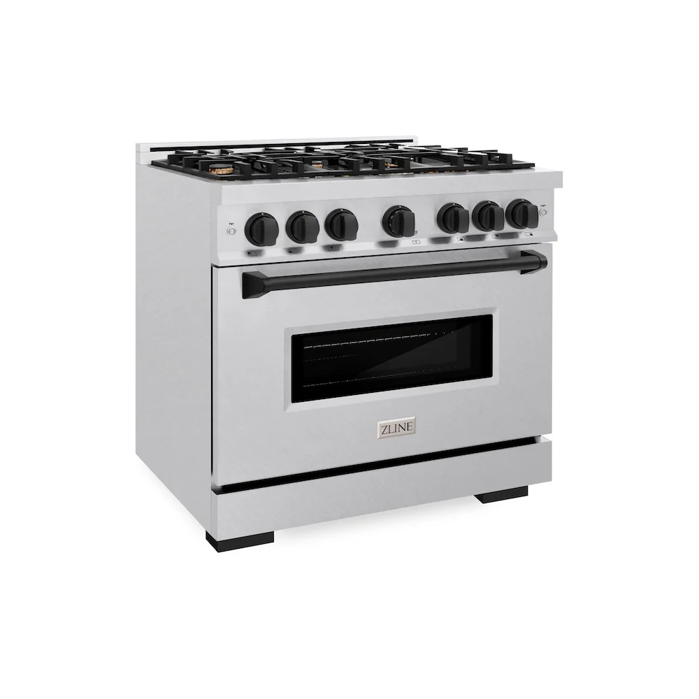 ZLINE Autograph Edition 36 in. 5.2 cu. ft. Classic Gas Range with 6 Burner Cooktop and Convection Gas Oven in Satin Stainless Steel and Matte Black Accents, Open Box-Great Condition