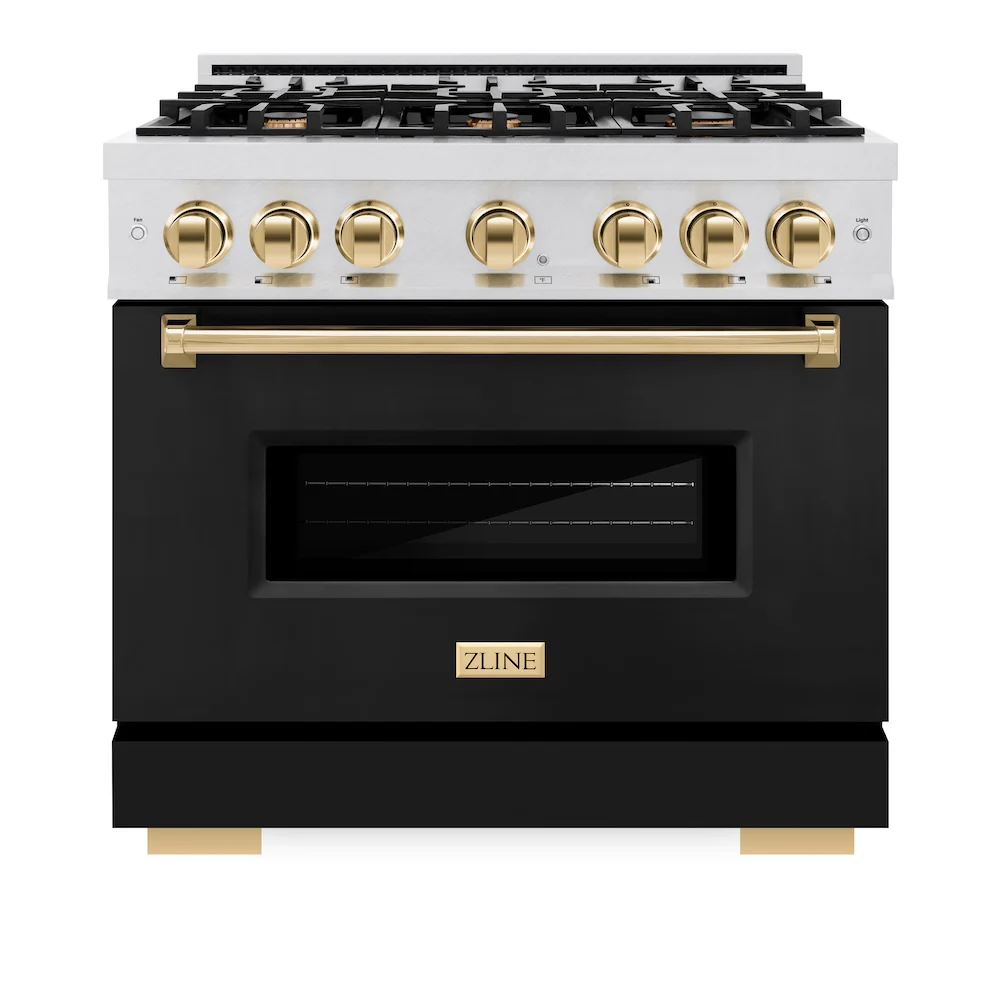 ZLINE Autograph Edition 36 in. 5.2 cu. ft. Classic Gas Range with 6 Burner Cooktop and Convection Gas Oven in Satin Stainless Steel with Black Matte Door and Polished Gold Accents, Open Box-Great Condition - Image 4
