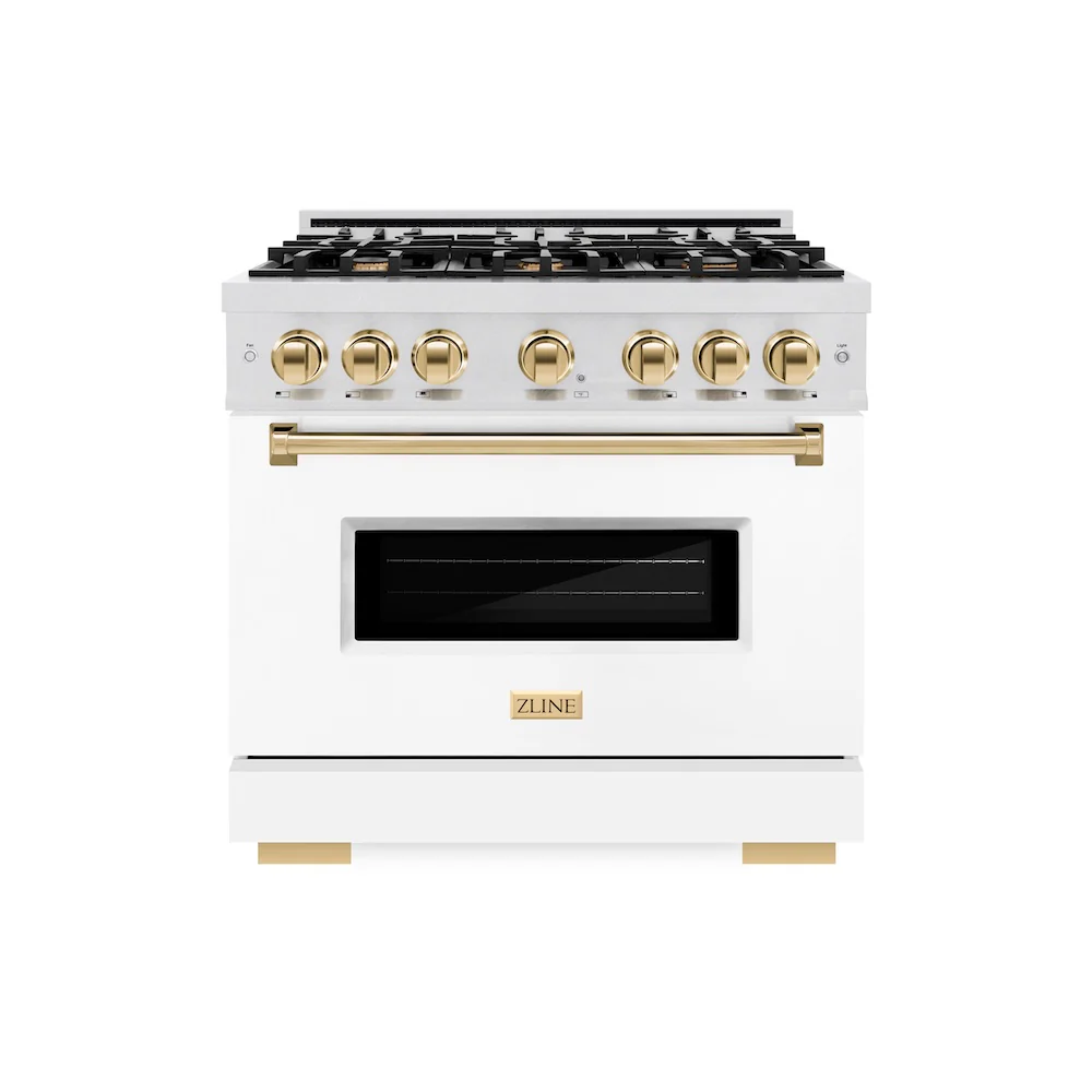ZLINE Autograph Edition 36 in. 5.2 cu. ft. Classic Gas Range with 6 Burner Cooktop and Convection Gas Oven in Satin Stainless Steel with White Matte Door and Polished Gold Accents, Open Box-Great Condition - Image 3