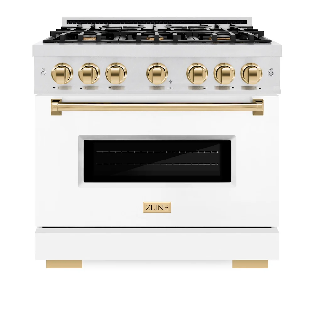 ZLINE Autograph Edition 36 in. 5.2 cu. ft. Classic Gas Range with 6 Burner Cooktop and Convection Gas Oven in Satin Stainless Steel with White Matte Door and Polished Gold Accents, Open Box-Great Condition - Image 4