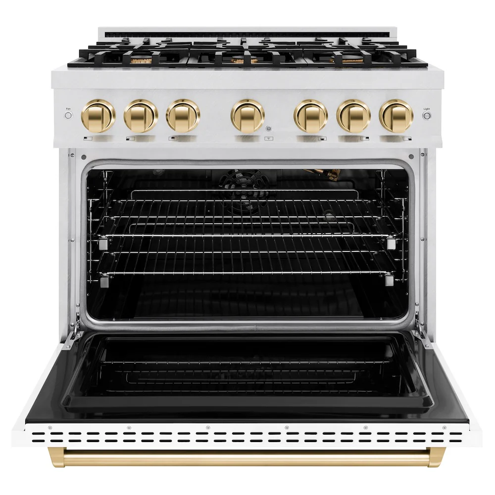 ZLINE Autograph Edition 36 in. 5.2 cu. ft. Classic Gas Range with 6 Burner Cooktop and Convection Gas Oven in Satin Stainless Steel with White Matte Door and Polished Gold Accents, Open Box-Great Condition - Image 5