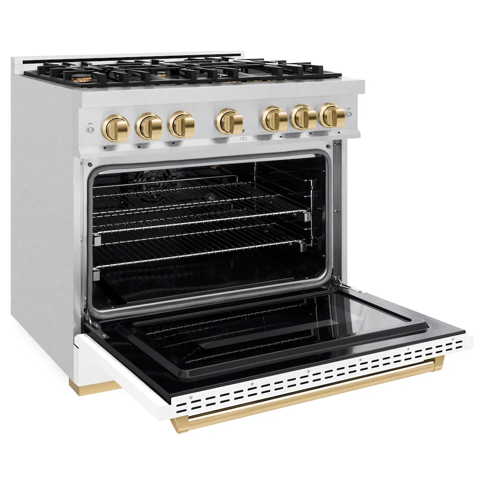 ZLINE Autograph Edition 36 in. 5.2 cu. ft. Classic Gas Range with 6 Burner Cooktop and Convection Gas Oven in Satin Stainless Steel with White Matte Door and Polished Gold Accents, Open Box-Great Condition - Image 7